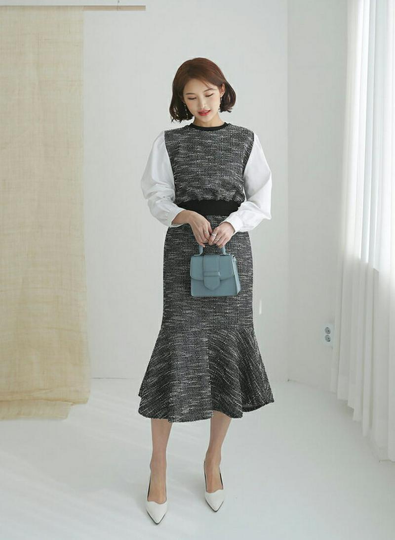 コントラストツイードワンピース・全2色・b61077 レディース【ops】【ワンピース ロング ロングワンピース 長袖 レイヤー