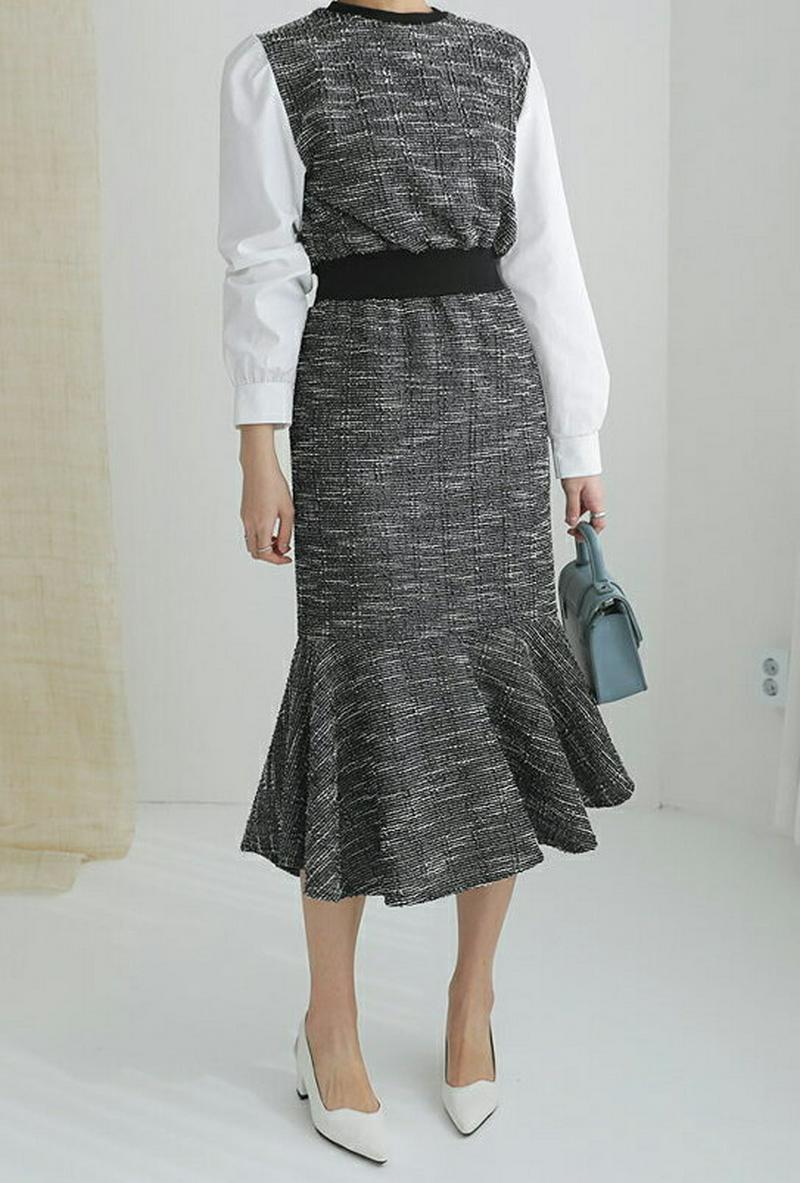 コントラストツイードワンピース・全2色・b61077 レディース【ops】【ワンピース ロング ロングワンピース 長袖 レイヤー