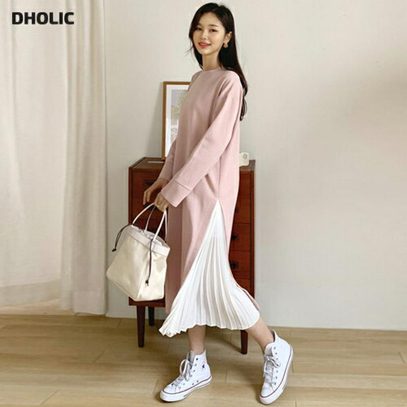 サイドプリーツワンピース・全3色・e54862 レディース 【ops】 異素材ミックス 韓国ファッション ワンピース ロング丈 ロングワンピース プリーツ スウェット 体型カバー 長袖 切り替え レイヤード バイカラー パステル 無地 秋 春 冬