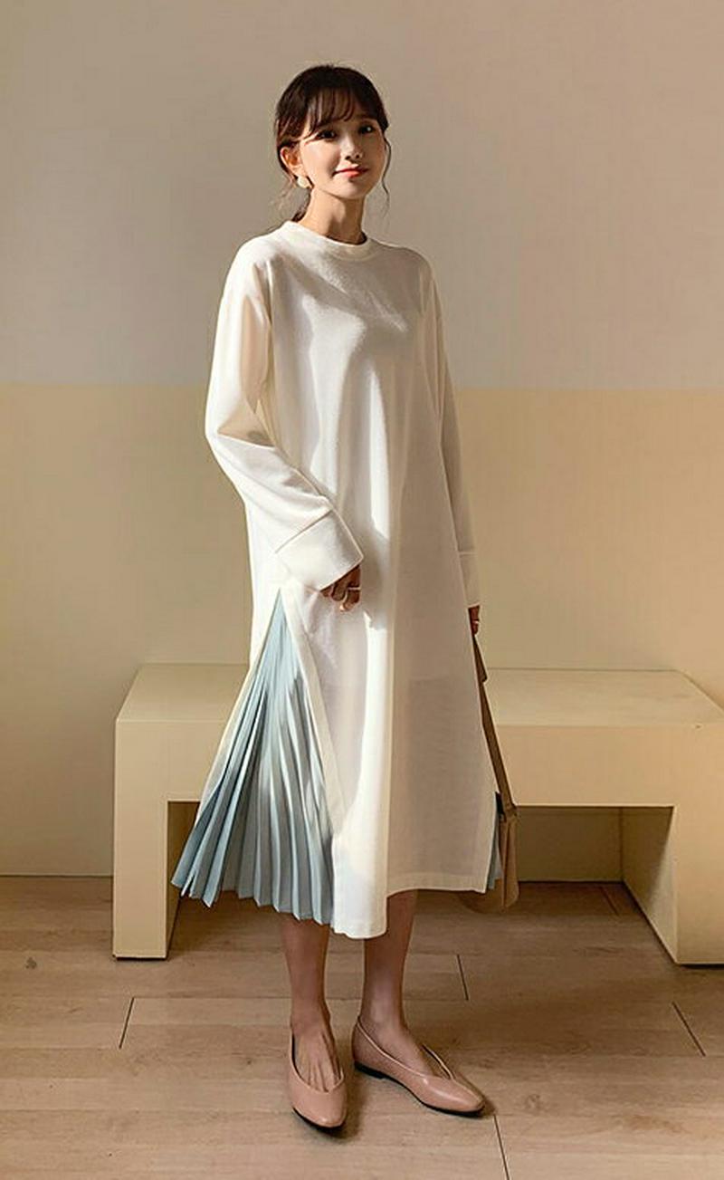 サイドプリーツワンピース・全3色・e54862 レディース 【ops】 異素材ミックス 韓国ファッション ワンピース ロング丈 ロングワンピース プリーツ スウェット 体型カバー 長袖 切り替え レイヤード バイカラー パステル 無地 秋 春 冬