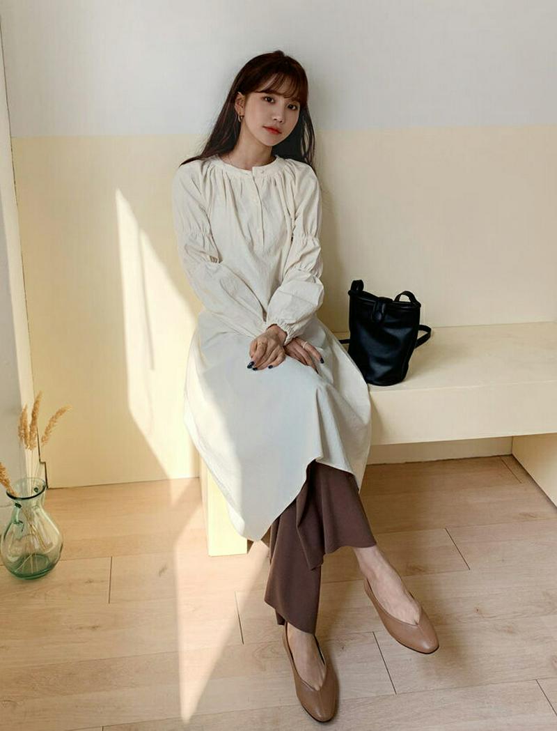 バンドカラーギャザーワンピース・全3色・t54860 レディース 【ops】【ワンピース ロング丈 ロング ロングワンピース ギ