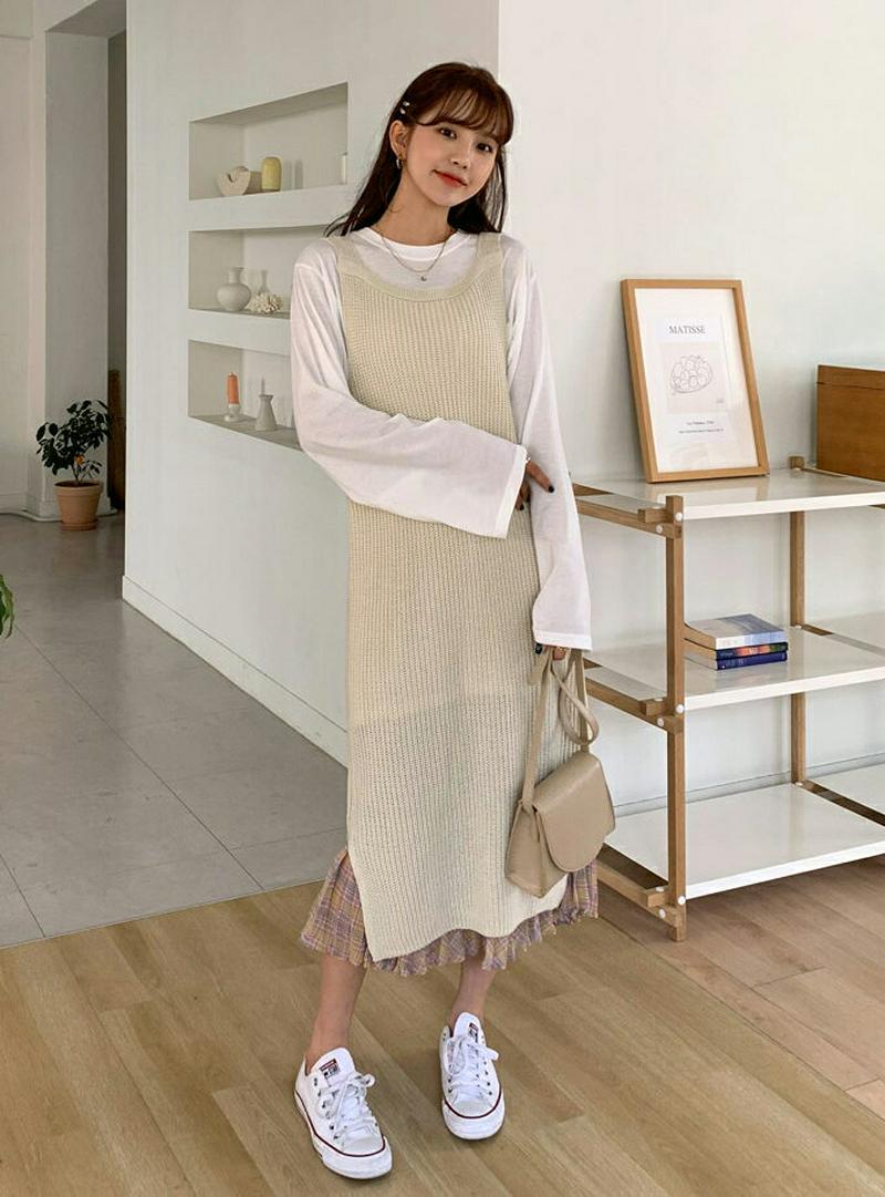 ニットスリーブレスワンピース・全2色・t54858 レディース 【ops】【ワンピース ロング丈 ロング ニット ベスト スリッ