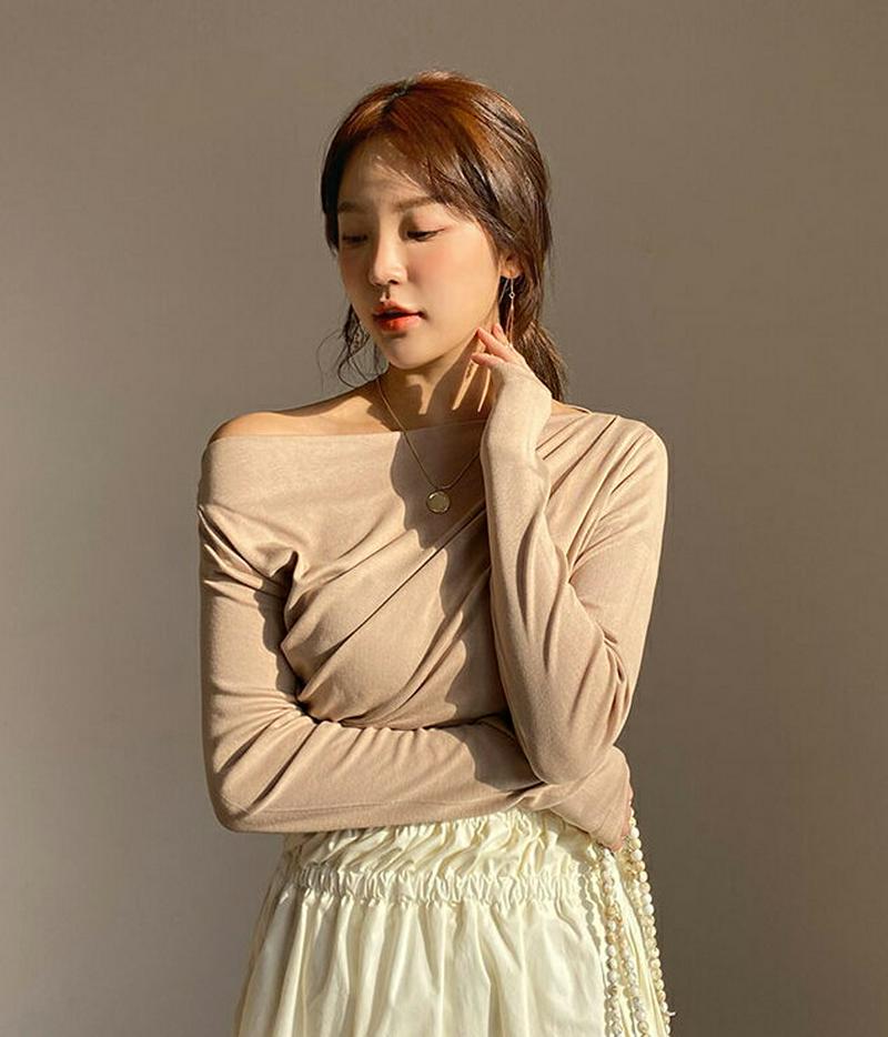 ギャザーボートネックTシャツ・全3色・t54881 レディース 【tops】【トップス ボートネック Tシャツ 無地 ギャザー 