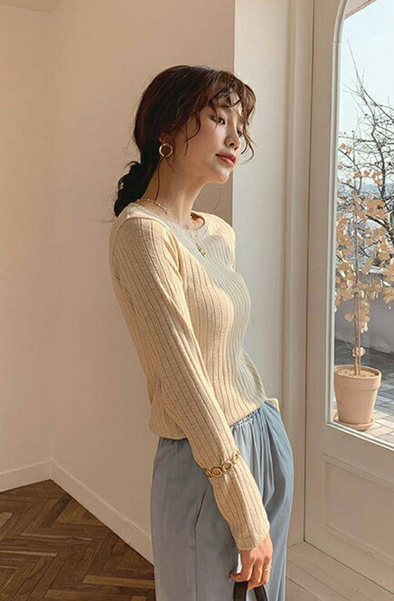 リブスリムTシャツ・全4色・t54879 レディース 【tops】【トップス Tシャツ リブ ラウンドネック 長袖 無地 スリム
