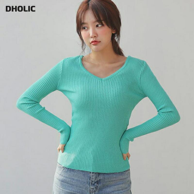 2WAYリブニット・全7色・b54915 レディース 【tops】【Vネック Tシャツ リブニット 長袖 トップス 無地 スリム