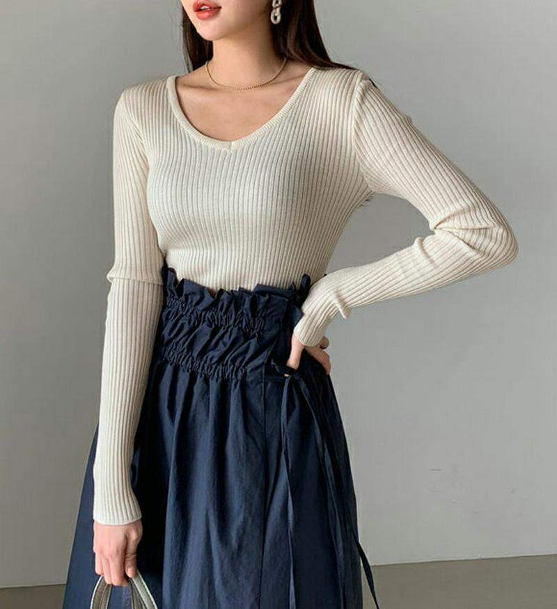 2WAYリブニット・全7色・b54915 レディース 【tops】【Vネック Tシャツ リブニット 長袖 トップス 無地 スリム