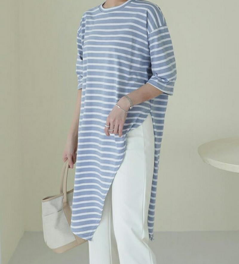 スリットロングボーダーTシャツ・全3色・b61069 レディース【tops】【トップス Tシャツ ボーダー 柄 スリット ロング