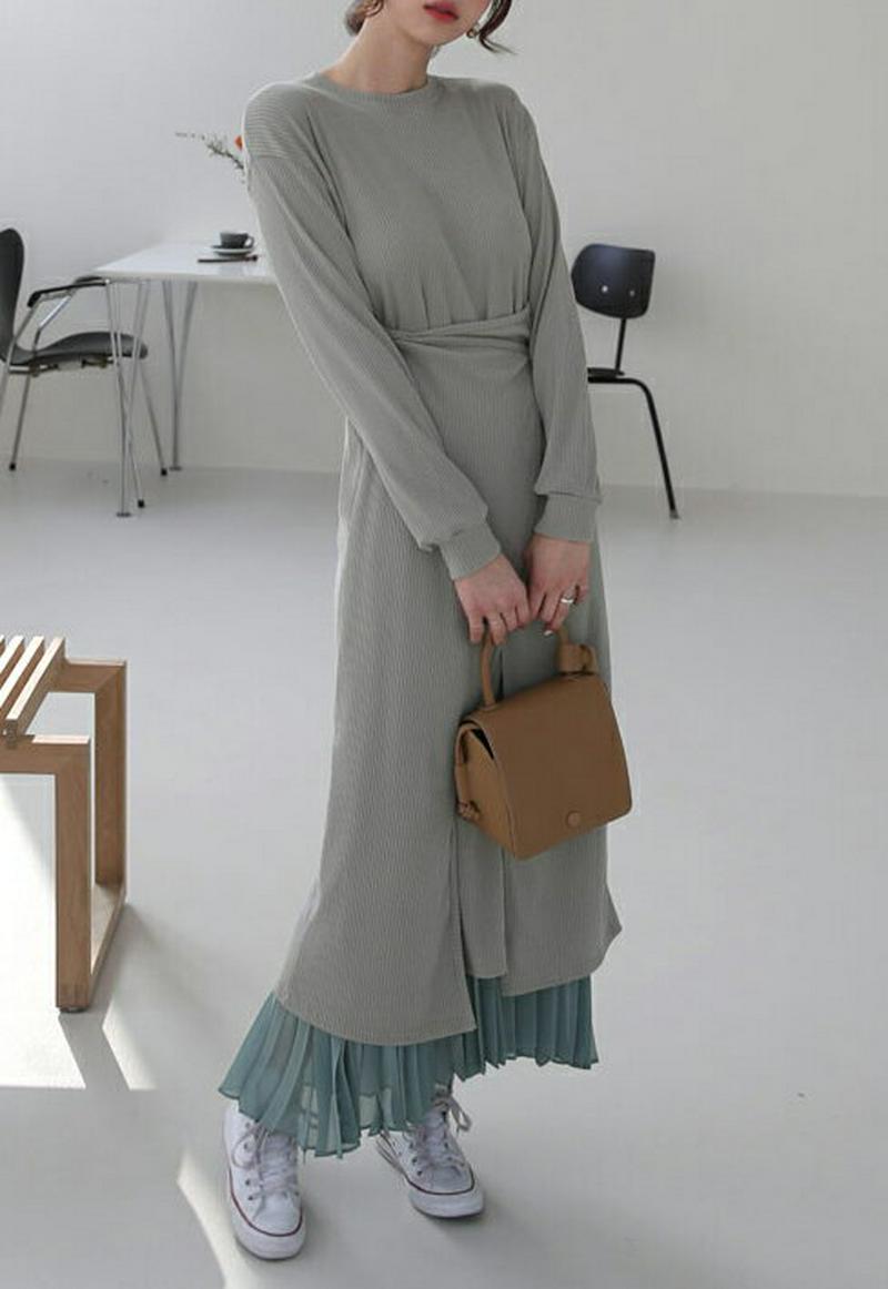 ラップリブワンピース・全4色・t57876 レディース 【ops】【ワンピース ロング丈 ロング ロングワンピース ラウンドネッ