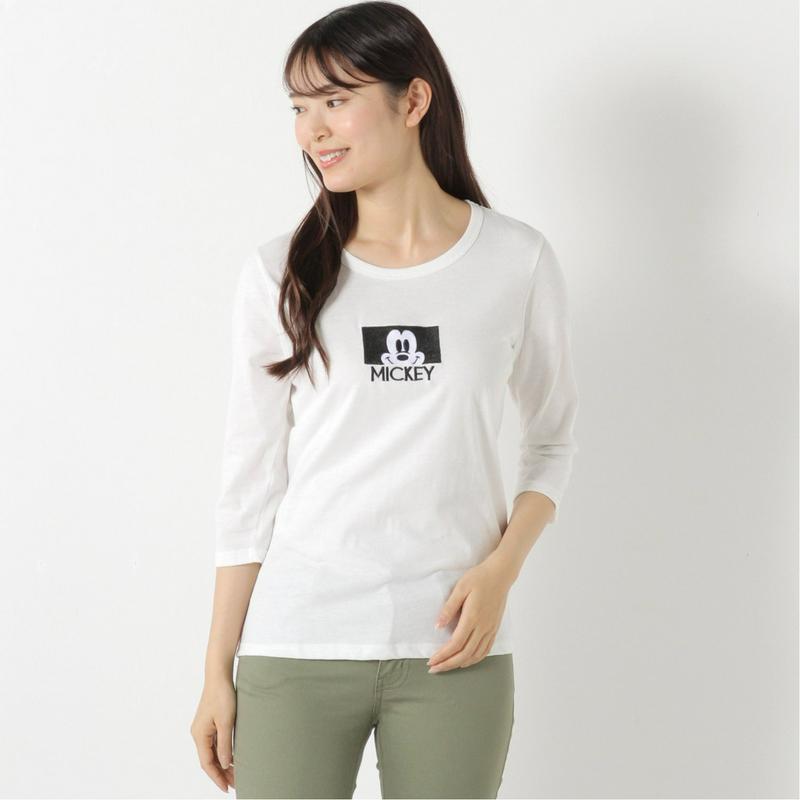 【おうちディズニー】ロゴ７分袖刺繍Ｔシャツ「ミッキー＆フレンズ」【Ｍ～３Ｌ】（ディズニー）