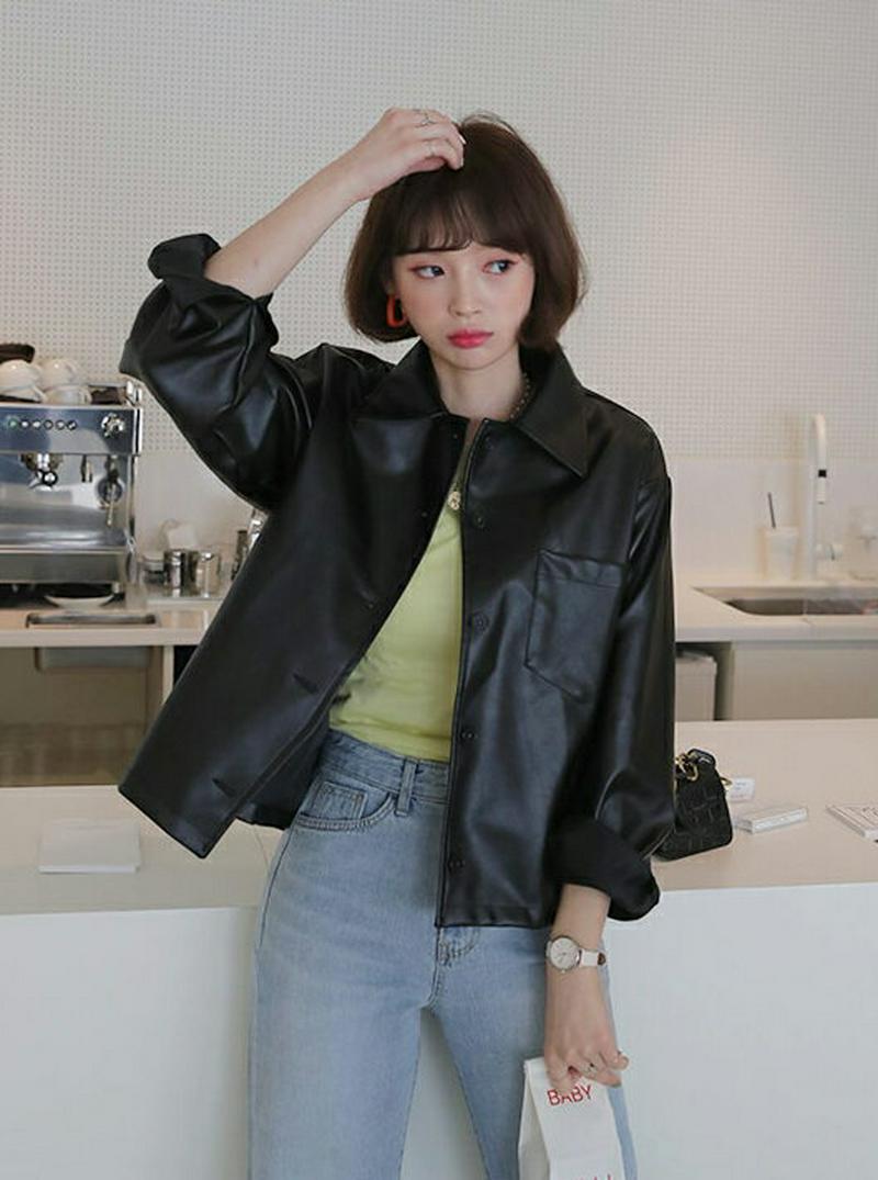 レザー調ジャケット・全2色・t55432 レディース 【jk】【ジャケット アウター レザー 長袖 無地 カジュアル ゆったり 