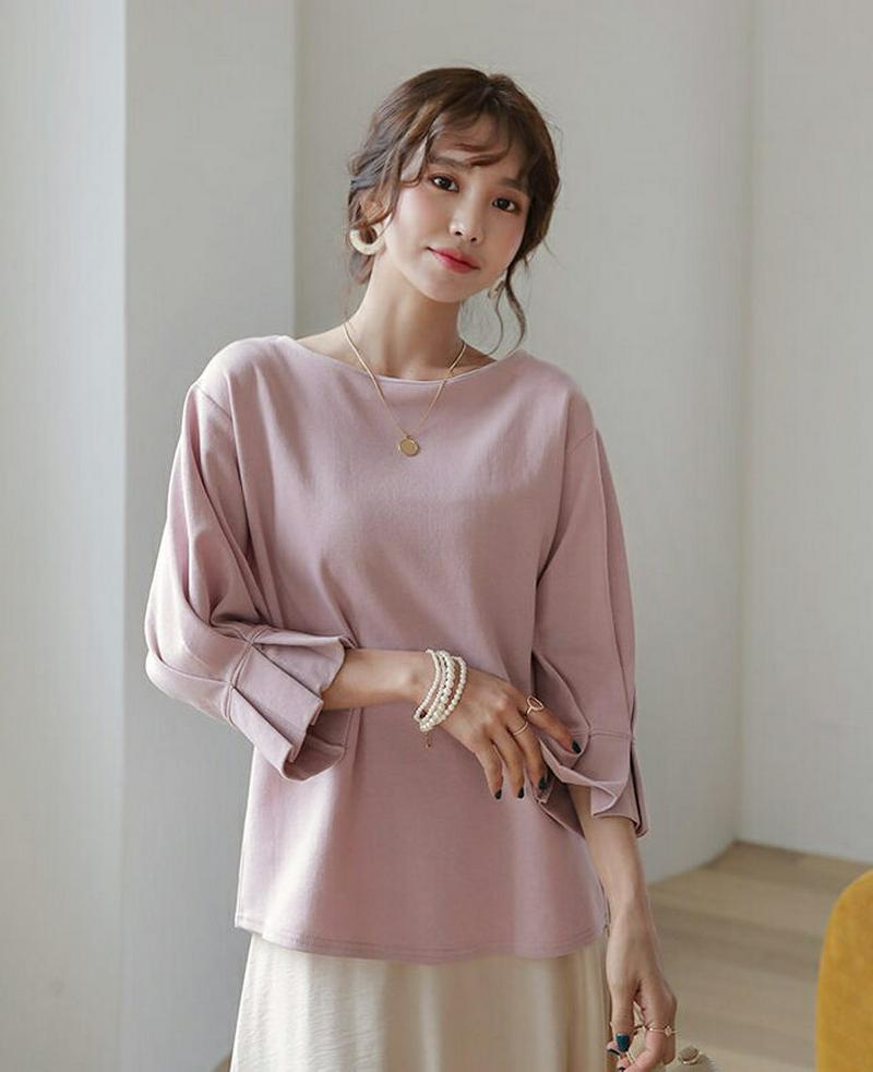 タックスリーブTシャツ・全3色・b55425 レディース 【tops】【トップス Tシャツ タック フリル 7分丈 ボートネック