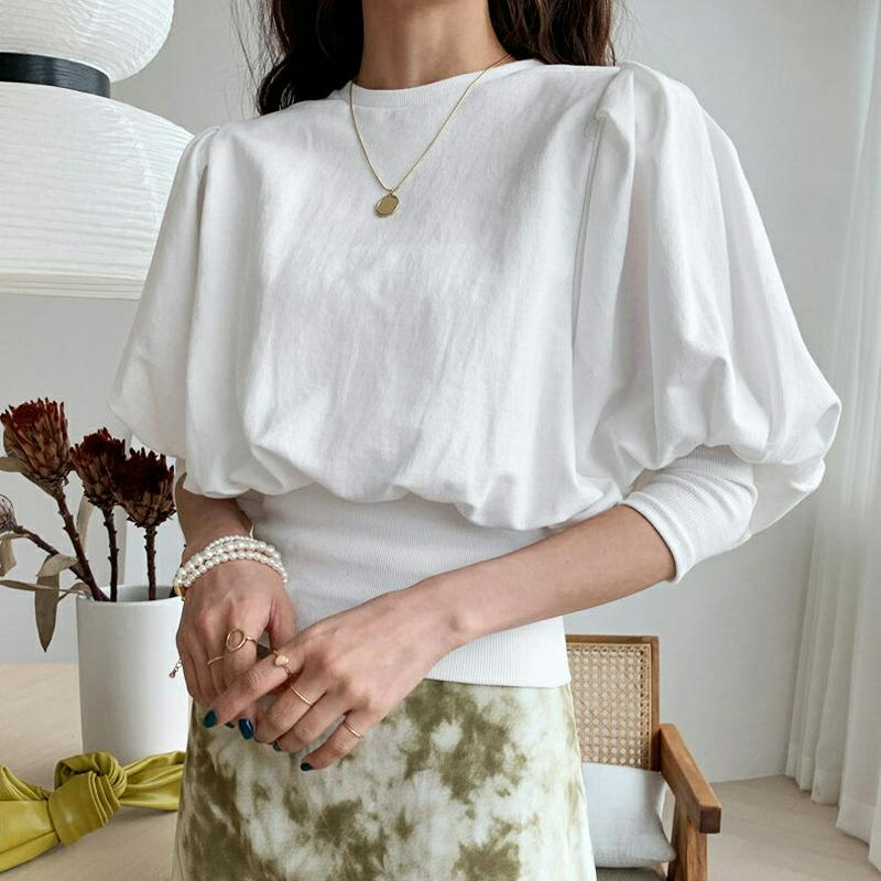 リブヘムパフスウェット・全2色・t55418 レディース 【tops】【トップス Tシャツ 5分丈 7分丈 パフスリーブ 無地 