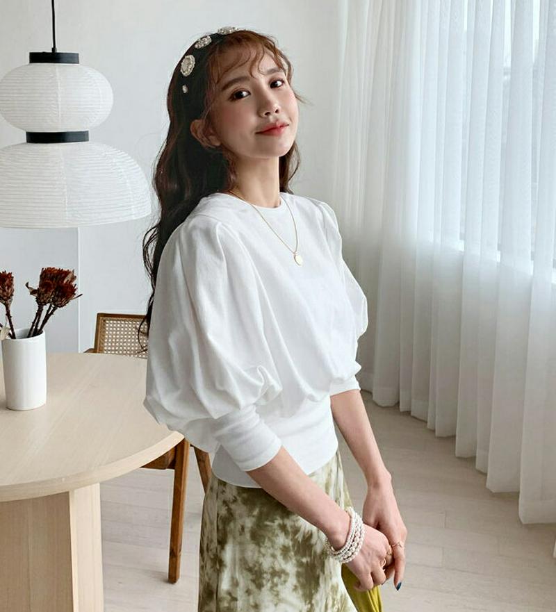 リブヘムパフスウェット・全2色・t55418 レディース 【tops】【トップス Tシャツ 5分丈 7分丈 パフスリーブ 無地 