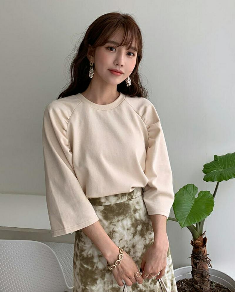 ラグランギャザーTシャツ・全2色・t55421 レディース 【tops】【トップス Tシャツ ラグラン 7分丈 無地 ギャザー 