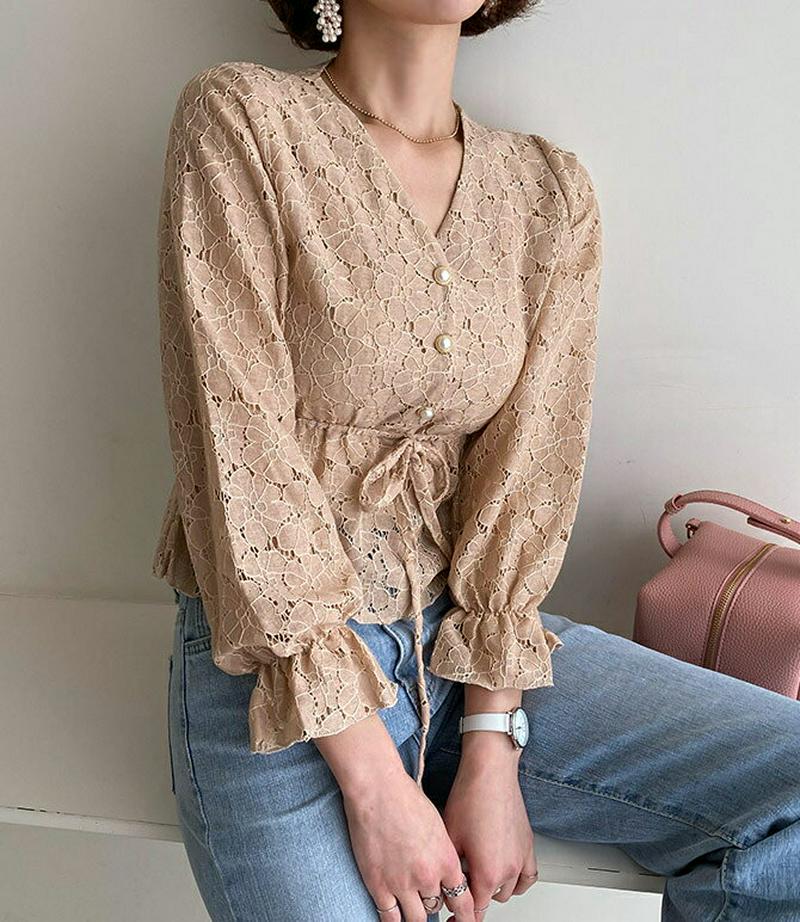 Vネックフレアレースブラウス・全3色・t55414 レディース 【bl】【ブラウス トップス シースルー レース 長袖 フリル 