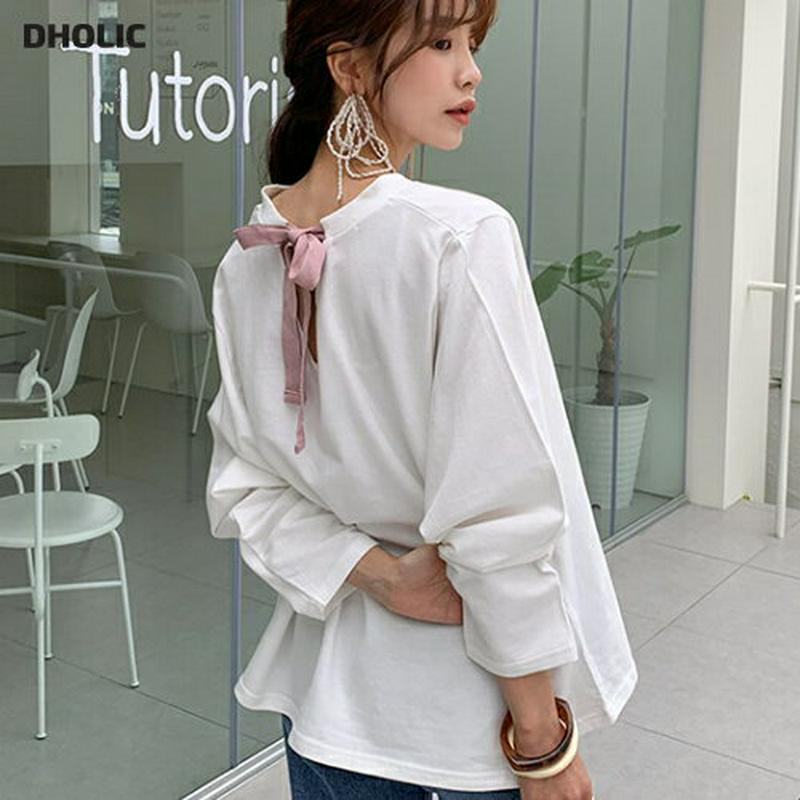 バックリボンTシャツ・全2色・b55424 レディース 【tops】【トップス Tシャツ 長袖 バックリボン リボン 無地 Vネ