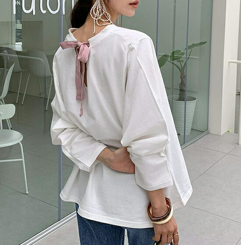 バックリボンTシャツ・全2色・b55424 レディース 【tops】【トップス Tシャツ 長袖 バックリボン リボン 無地 Vネ