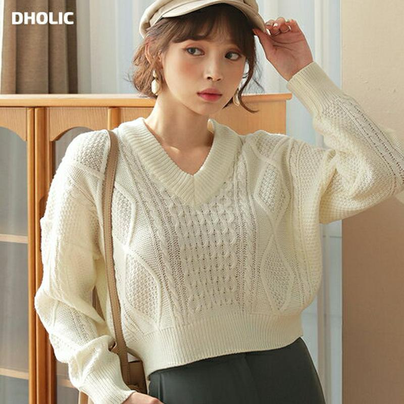 Vネックツイストクロップドニット・全3色・b57976 レディース 【tops】【トップス 長袖 Vネック ニット クロップド 