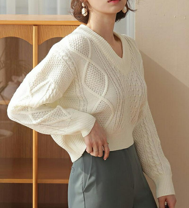 Vネックツイストクロップドニット・全3色・b57976 レディース 【tops】【トップス 長袖 Vネック ニット クロップド 