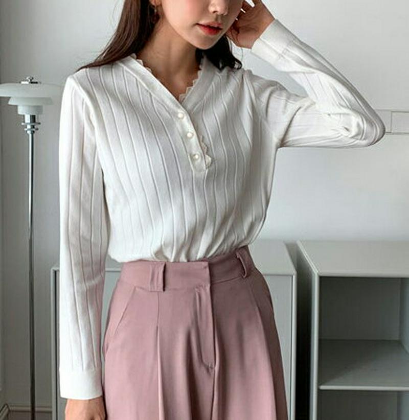 レースVネックボタンニット・全2色・b58046 レディース 【tops】【ニット トップス Vネック レイヤード リブ 長袖 