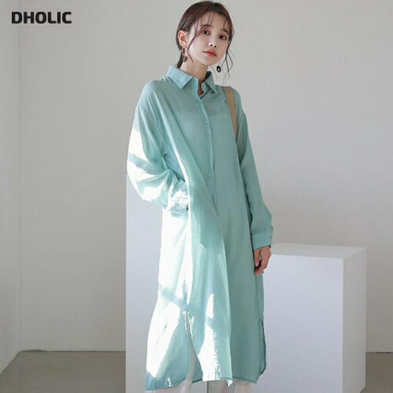 シアーロングシャツ・全5色・t54757 レディース 【bl】【韓国 ファッション ブラウス シャツ トップス ロング丈 ロング ワンピース スリット 無地 長袖 パステル シースルー 秋 春 冬】