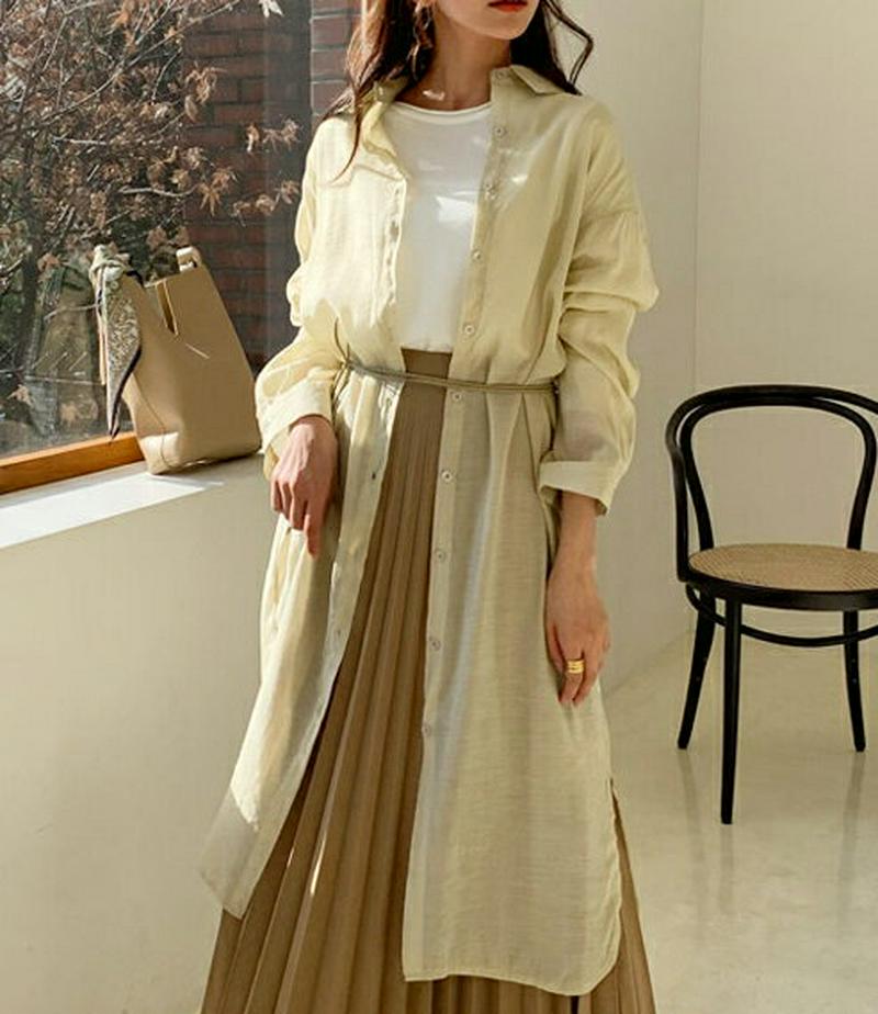 シアーロングシャツ・全5色・t54757 レディース 【bl】【韓国 ファッション ブラウス シャツ トップス ロング丈 ロング ワンピース スリット 無地 長袖 パステル シースルー 秋 春 冬】