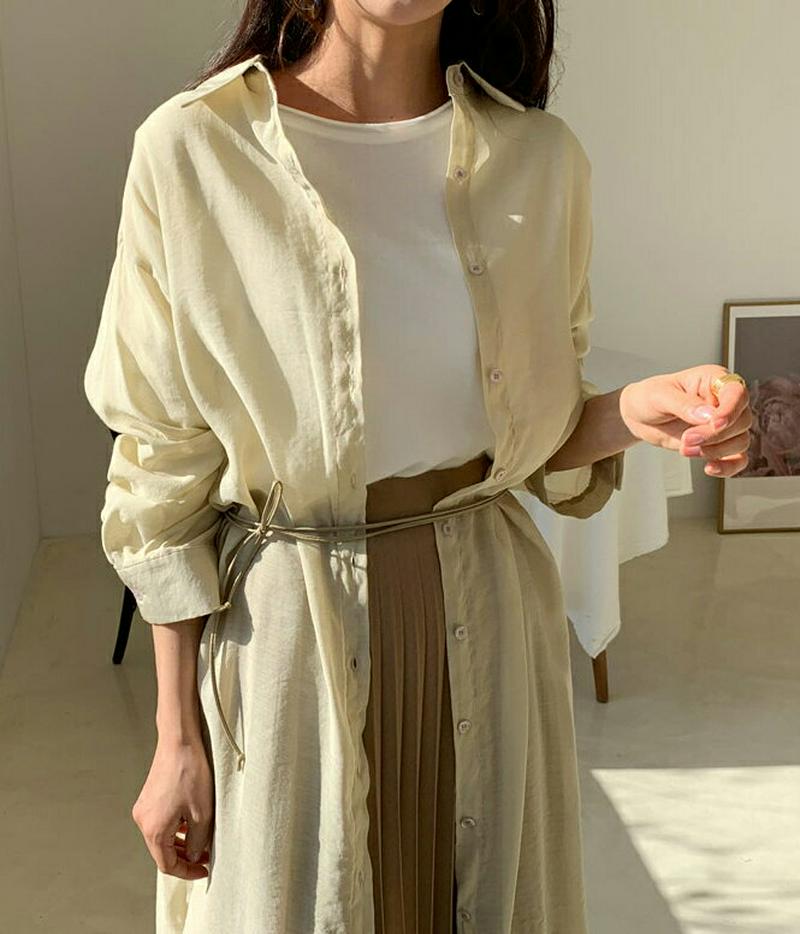 シアーロングシャツ・全5色・t54757 レディース 【bl】【韓国 ファッション ブラウス シャツ トップス ロング丈 ロング ワンピース スリット 無地 長袖 パステル シースルー 秋 春 冬】