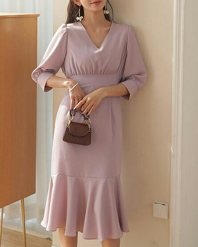 Vネックラッフルヘムワンピース・全3色・t57983 レディース 【ops】【ワンピース ロング丈 ロング ロングワンピース 無