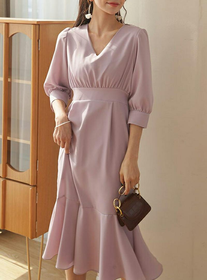 Vネックラッフルヘムワンピース・全3色・t57983 レディース 【ops】【ワンピース ロング丈 ロング ロングワンピース 無