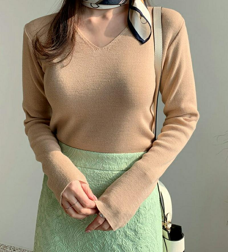 Vネックニット・全6色・t61129 レディース【tops】【トップス ニット ニットトップス 長袖 Vネック 単色 無地 シン