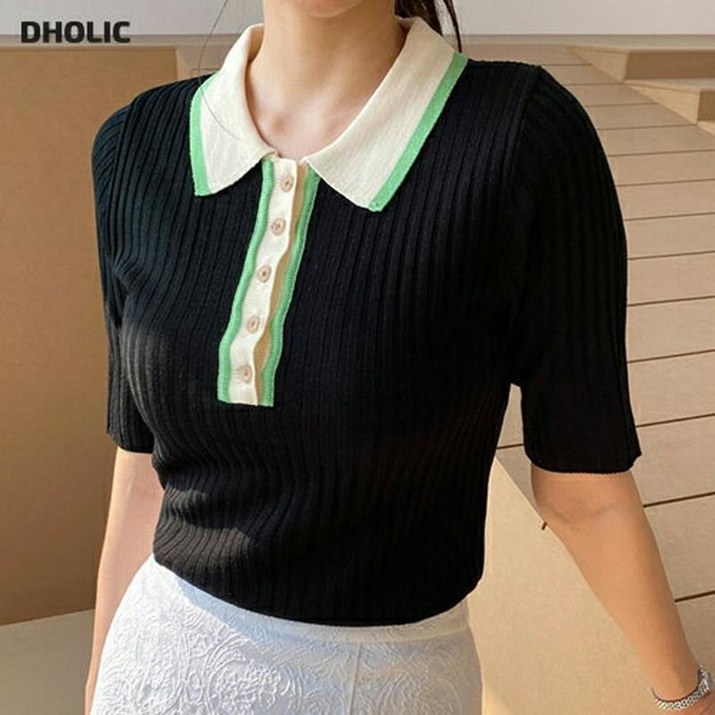 配色カラー半袖ニット・全3色・t61128 レディース【tops】【トップス ニット ニットトップス 半袖 ハーフスリーブ 配色