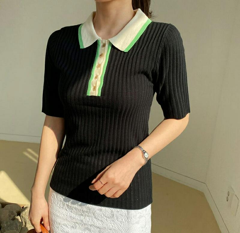 配色カラー半袖ニット・全3色・t61128 レディース【tops】【トップス ニット ニットトップス 半袖 ハーフスリーブ 配色