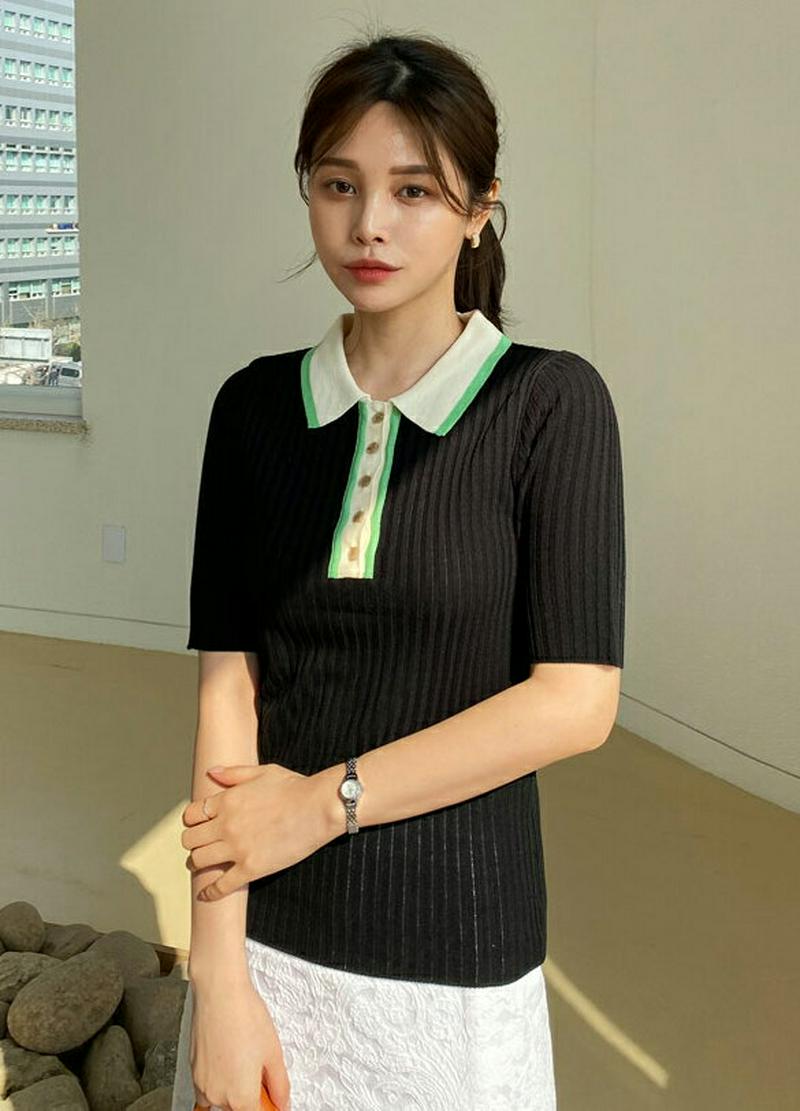 配色カラー半袖ニット・全3色・t61128 レディース【tops】【トップス ニット ニットトップス 半袖 ハーフスリーブ 配色