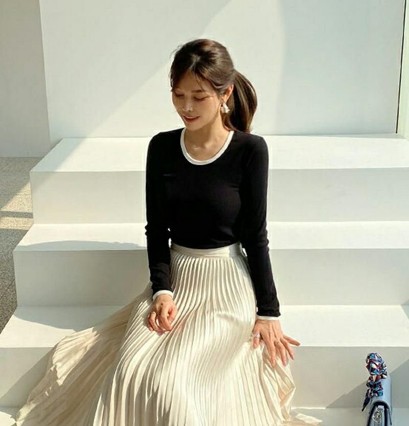 Uネック配色リブTシャツ・全4色・t61125 レディース【tops】【トップス Tシャツ 長袖　リブ リブトップス Uネック 