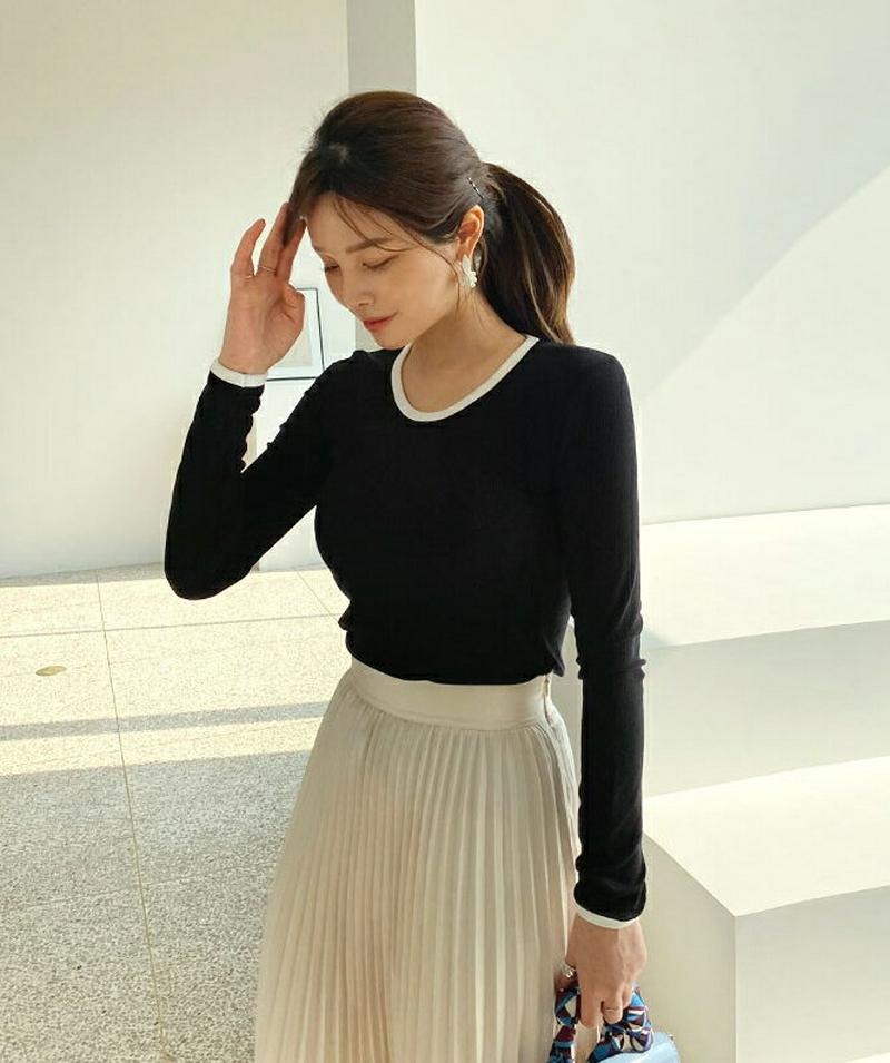 Uネック配色リブTシャツ・全4色・t61125 レディース【tops】【トップス Tシャツ 長袖　リブ リブトップス Uネック 