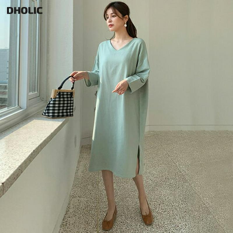 Vネックコットンワンピース・全5色・b61135 レディース【ops】【ワンピース ミディ丈 ミディワンピース ミディアム 長袖