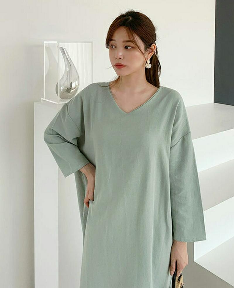 Vネックコットンワンピース・全5色・b61135 レディース【ops】【ワンピース ミディ丈 ミディワンピース ミディアム 長袖