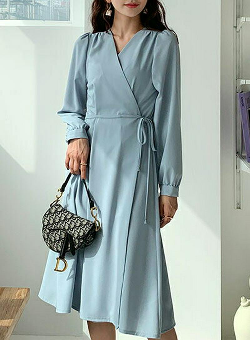 ラップAラインワンピース・全4色・t55406 レディース 【ops】【ワンピース ミディ丈 ミディ ミディワンピース 膝丈 V