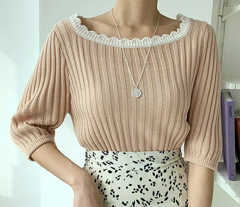 スカラップスクエアネックニット・全3色・b55391 レディース 【tops】【トップス Tシャツ ニット 半袖 5分丈 パフス
