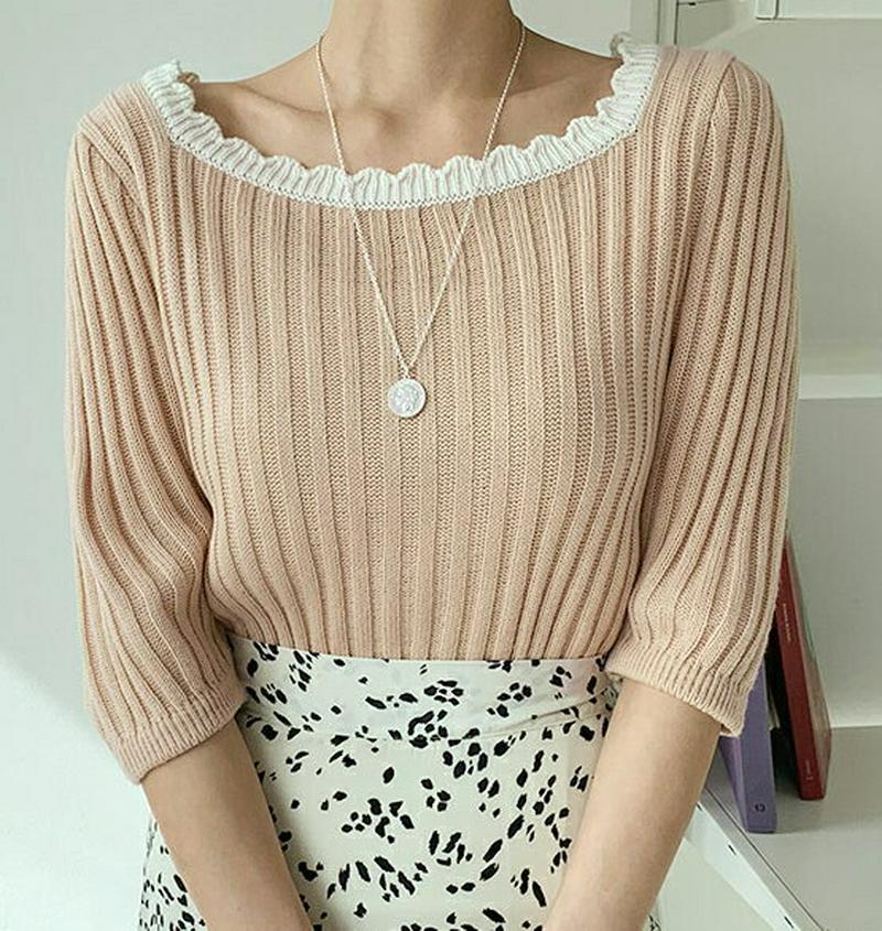 スカラップスクエアネックニット・全3色・b55391 レディース 【tops】【トップス Tシャツ ニット 半袖 5分丈 パフス