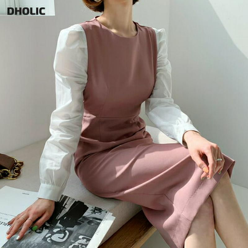 配色スリーブワンピース・全2色・t55405 レディース 【ops】【ワンピース ロングワンピース ロング丈 ロング ラウンドネ