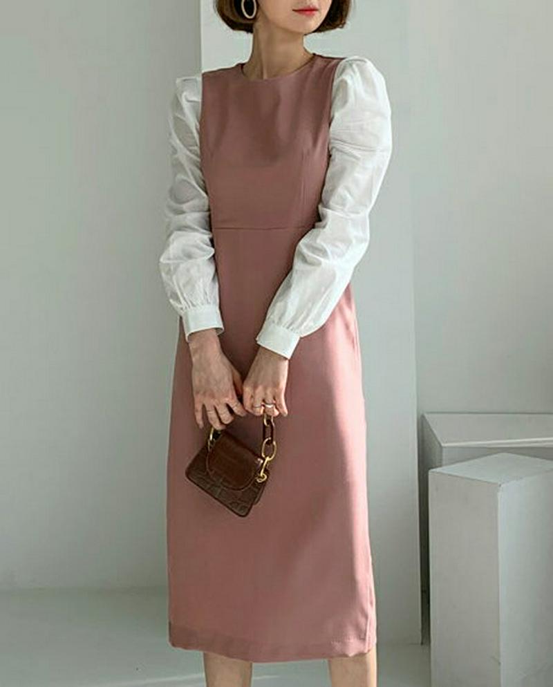 配色スリーブワンピース・全2色・t55405 レディース 【ops】【ワンピース ロングワンピース ロング丈 ロング ラウンドネ