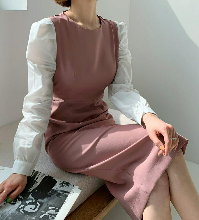 配色スリーブワンピース・全2色・t55405 レディース 【ops】【ワンピース ロングワンピース ロング丈 ロング ラウンドネ