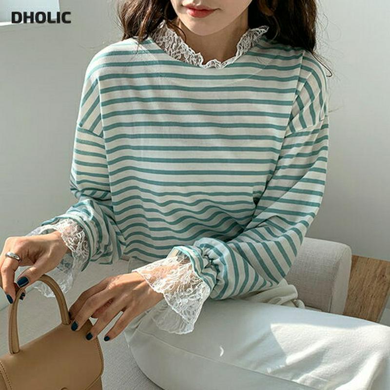 レースヘムボーダーTシャツ・全3色・b55395 レディース 【tops】【トップス Tシャツ 長袖 ラウンドネック レース レ