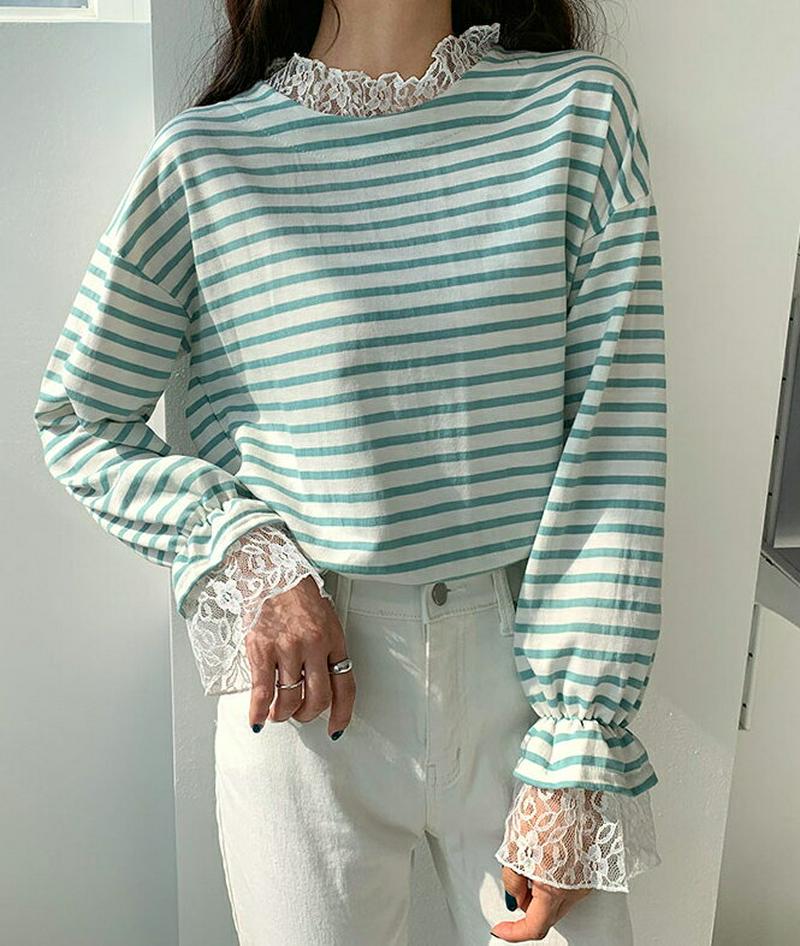 レースヘムボーダーTシャツ・全3色・b55395 レディース 【tops】【トップス Tシャツ 長袖 ラウンドネック レース レ