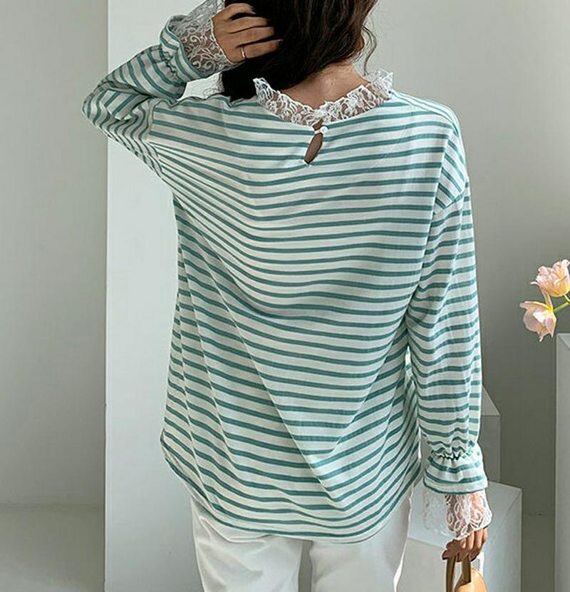 レースヘムボーダーTシャツ・全3色・b55395 レディース 【tops】【トップス Tシャツ 長袖 ラウンドネック レース レ