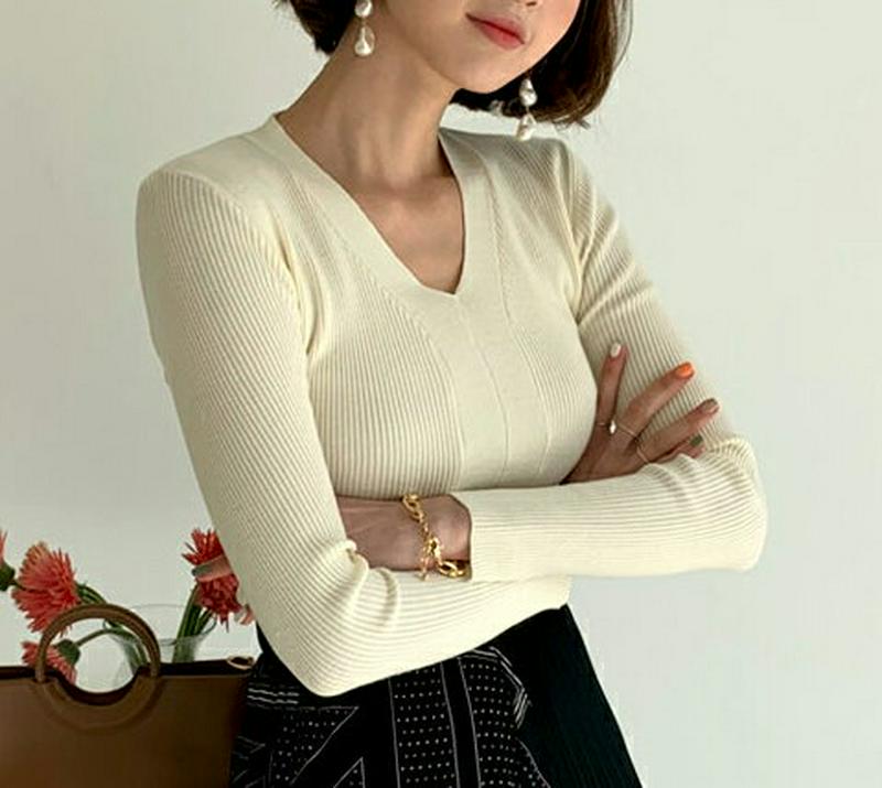 Vネックスリムリブニット・全4色・b55387 レディース 【tops】【トップス Tシャツ リブニット Vネック ニット スリ