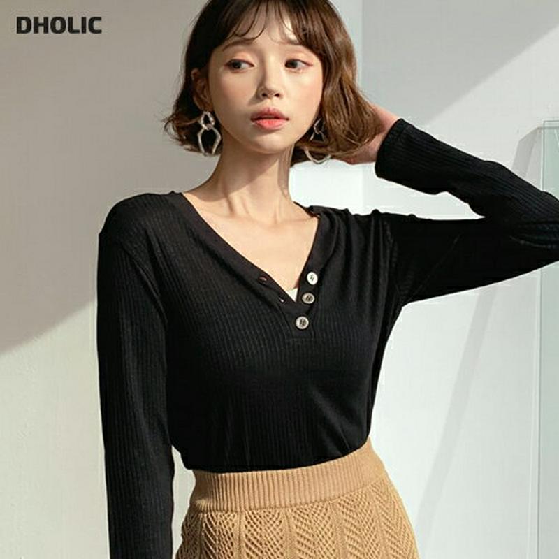 VネックボタンリブTシャツ・全3色・t55386 レディース 【tops】【トップス Tシャツ Vネック ボタン リブ 長袖 シ