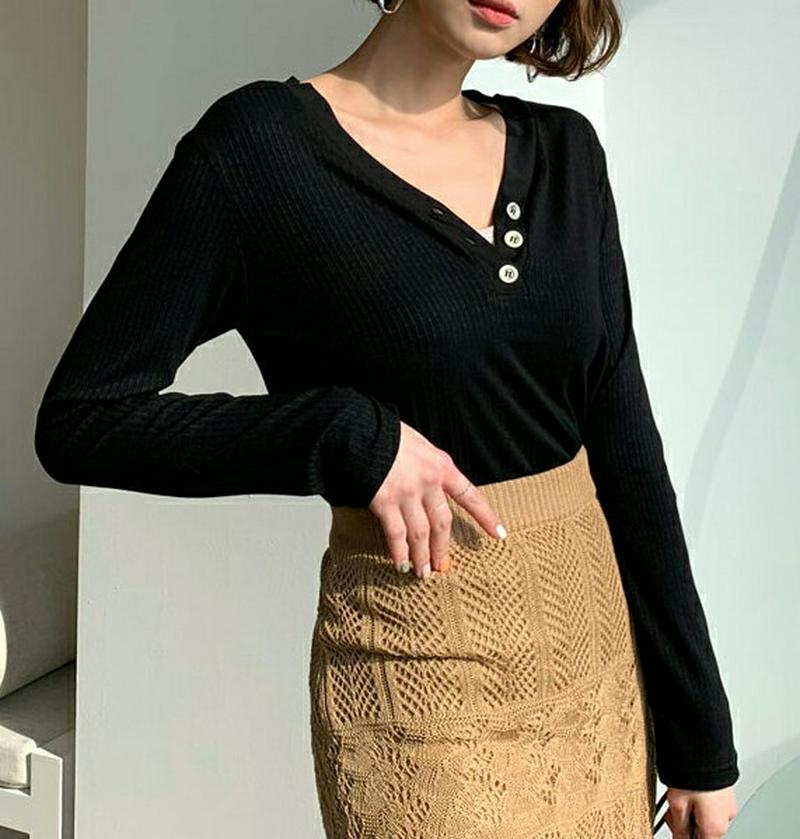 VネックボタンリブTシャツ・全3色・t55386 レディース 【tops】【トップス Tシャツ Vネック ボタン リブ 長袖 シ