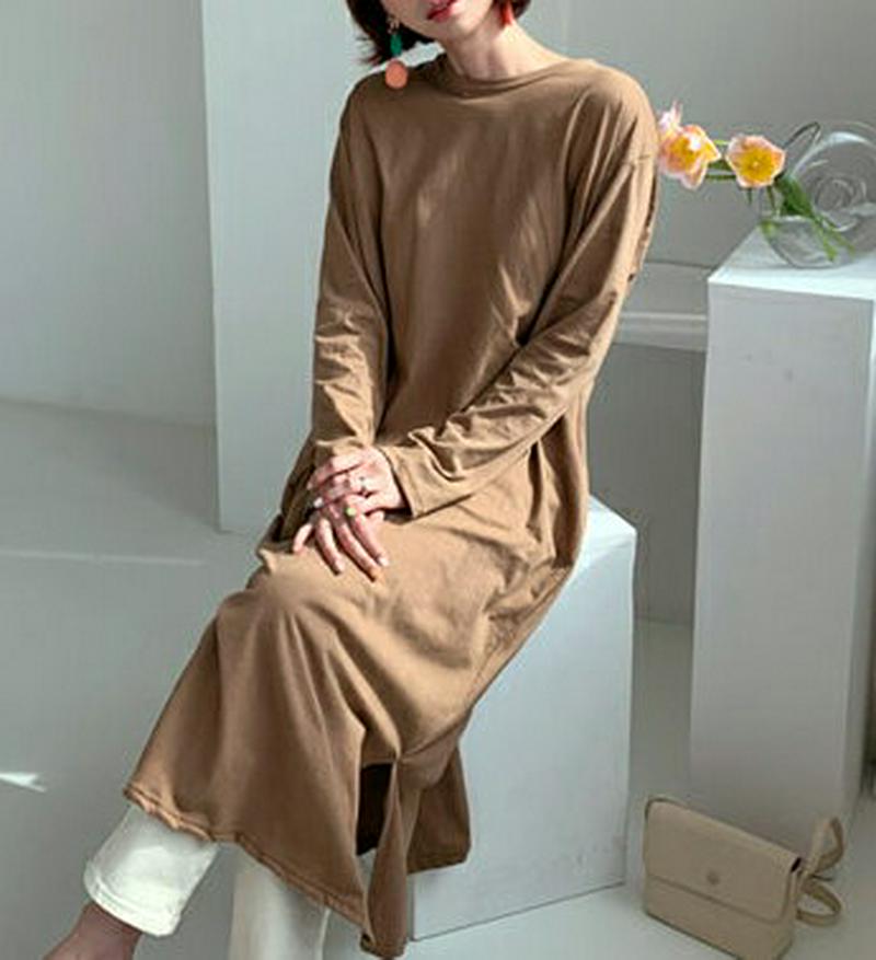 ツイストコットンワンピース・全4色・b55407 レディース 【ops】【ワンピース ラウンドネック ツイスト コットン 長袖 